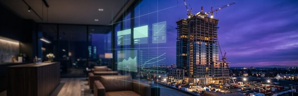 Cómo elegir un cotizador para tu constructora: siete criterios antes de firmar 1 Torre residencial en construcción al atardecer vista desde una sala de ventas, con una interfaz digital de cotización proyectada sobre el vidrio